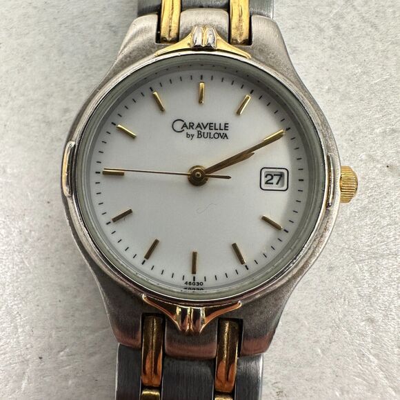 Caravelle Bulova Watch Womens 25mm Date White Dial Two Tone 6.75" New Battery - Picture 4 of 12